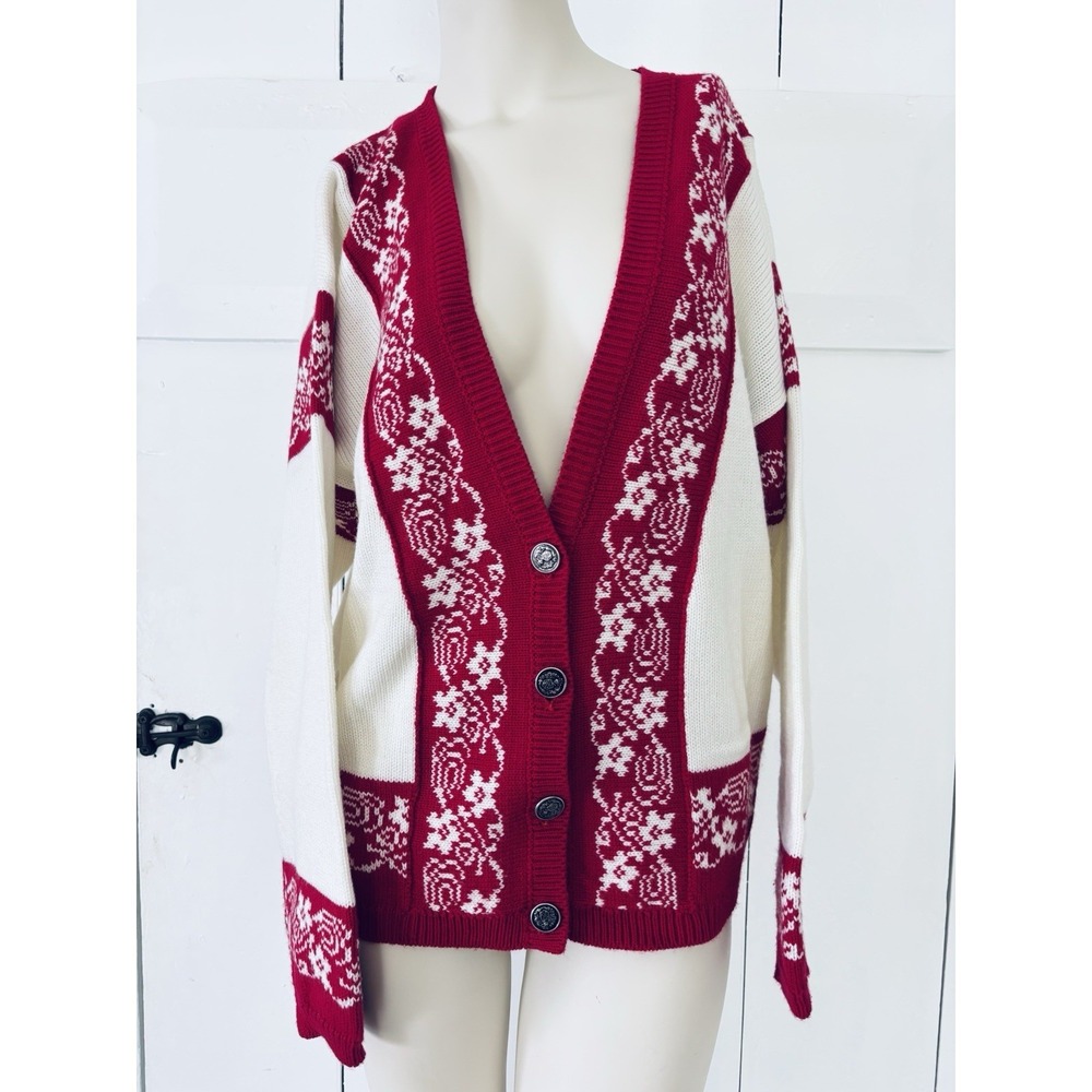 Vintage Jason Maxwell Floral 80s 90s Cardigan Sweater Women's Large Red White